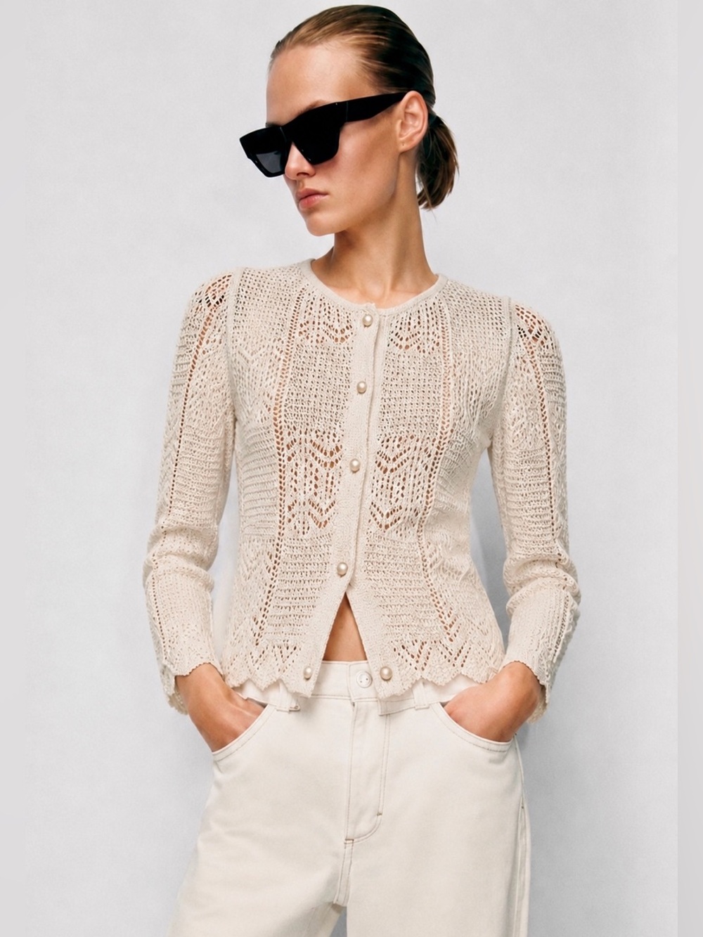 NWT Zara ZW Collection Textured Cardigan Oatmeal w/Pearl Buttons Size Small